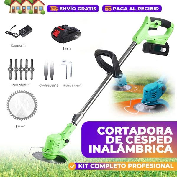 CORTADORA DE CÉSPED INALÁMBRICA CON RUEDAS Y DOS BATERIAS